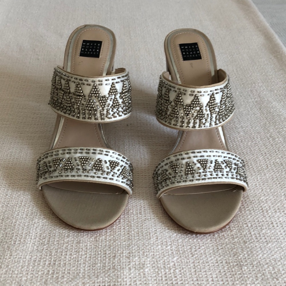 White House Black Market beaded double strap leather heels.